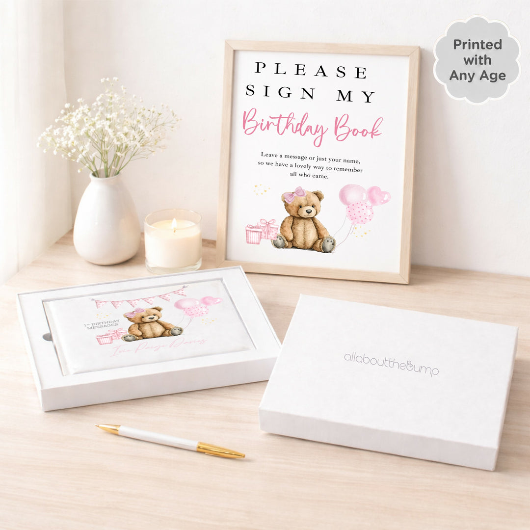 Personalised Pink Teddy Any Age Birthday Party Guest Book