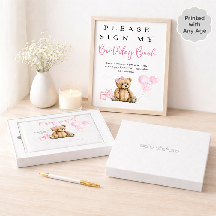 Personalised Pink Teddy Any Age Birthday Party Guest Book
