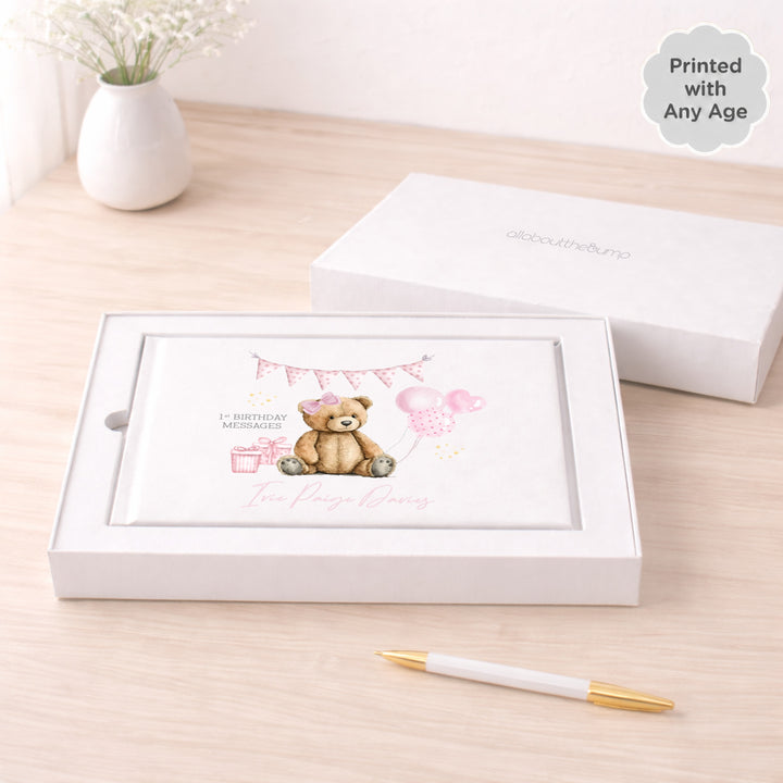 Personalised Pink Teddy Any Age Birthday Party Guest Book