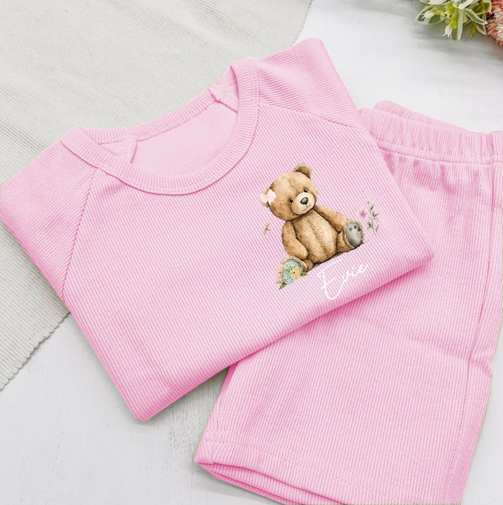 Personalised Pocket Pink Teddy Bear Ribbed Shorts Set