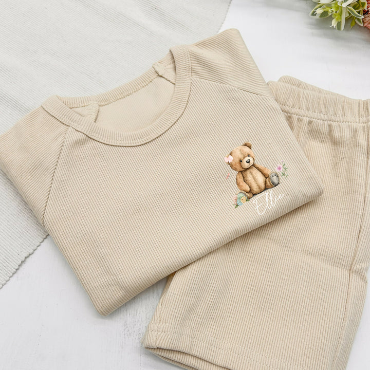 Personalised Pocket Pink Teddy Bear Ribbed Shorts Set