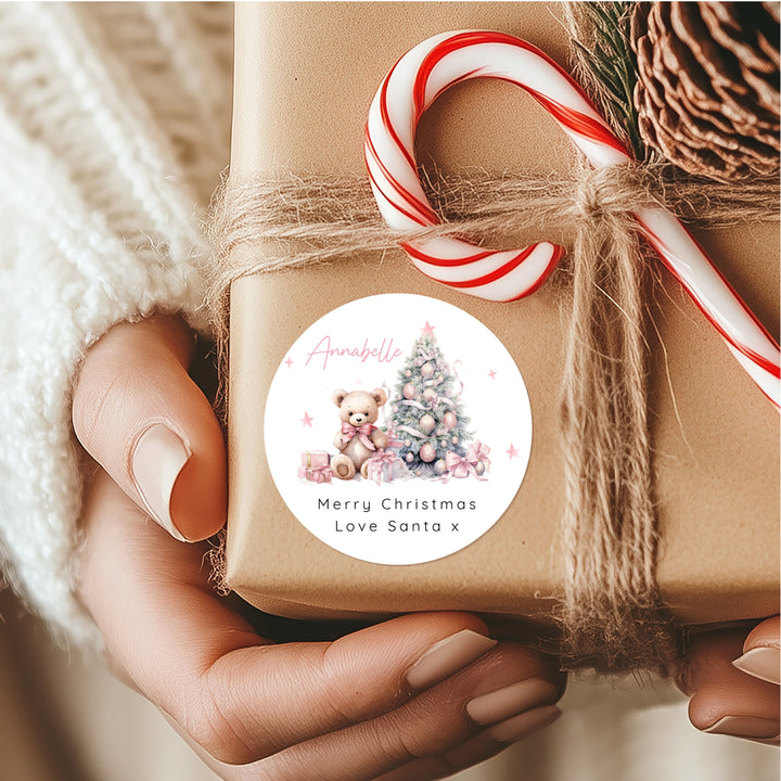 Personalised Pink Teddy Tree Christmas Stickers