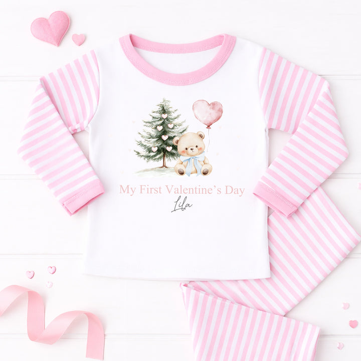 Personalised Pink Bear My First Valentine's Day Pink Stripe Pyjamas