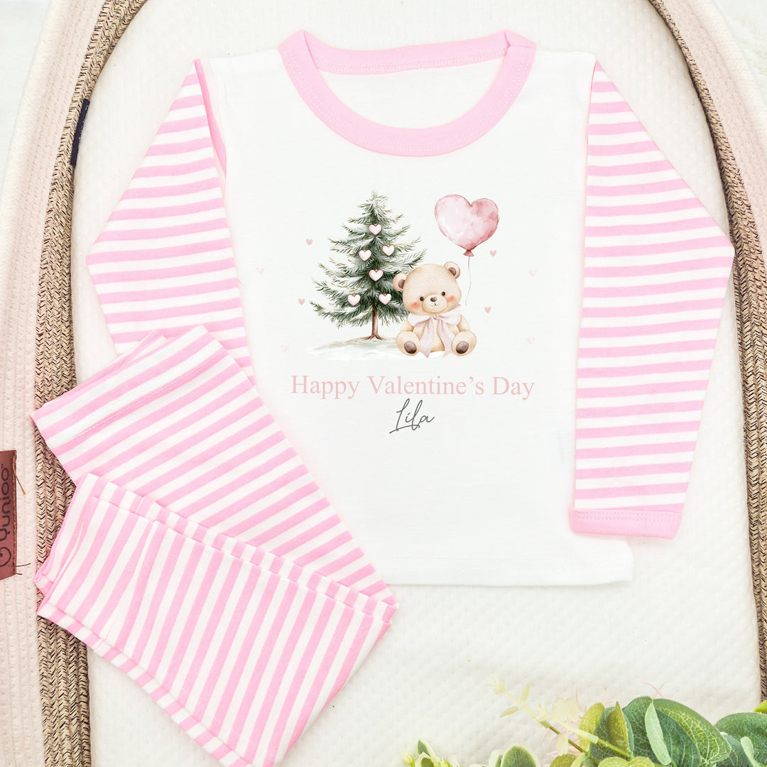 Personalised Pink Bear My First Valentine's Day Pink Stripe Pyjamas