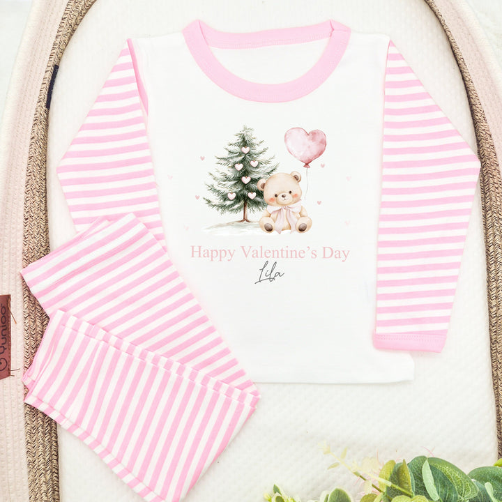 Personalised Pink Bear My First Valentine's Day Pink Stripe Pyjamas