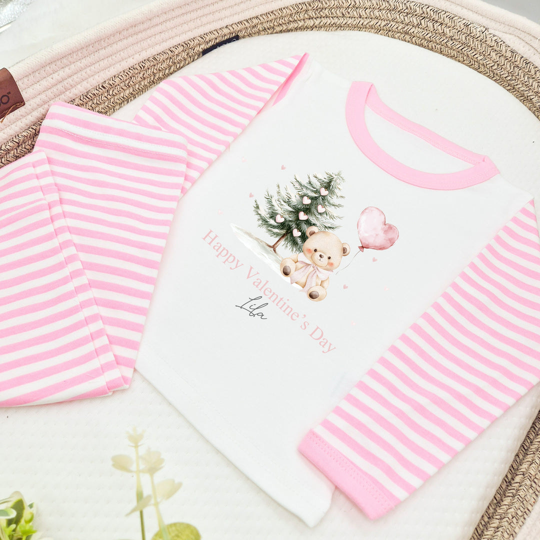 Personalised Pink Bear My First Valentine's Day Pink Stripe Pyjamas