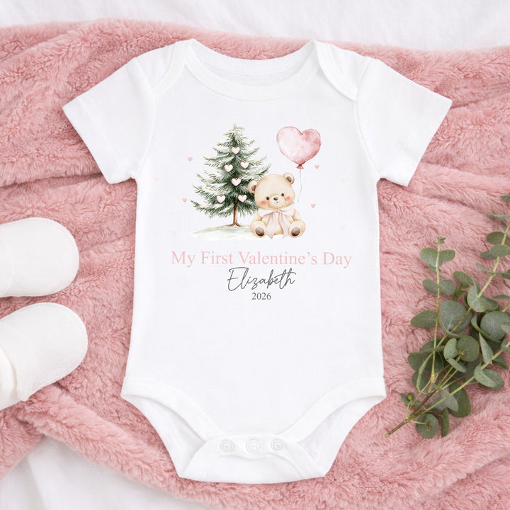 Personalised Pink Bear My First Valentines Day Baby Grow, Vest or Bib