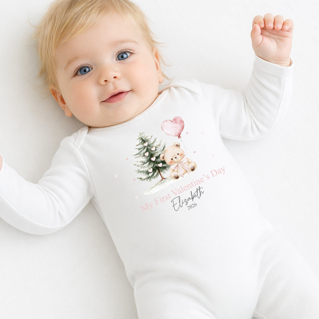 Personalised Pink Bear My First Valentines Day Baby Grow, Vest or Bib