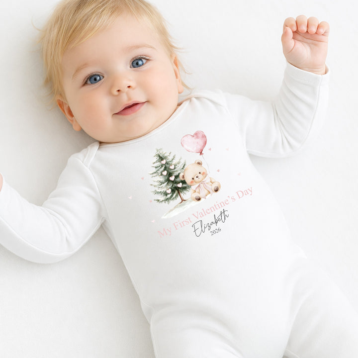 Personalised Pink Bear My First Valentines Day Baby Grow, Vest or Bib