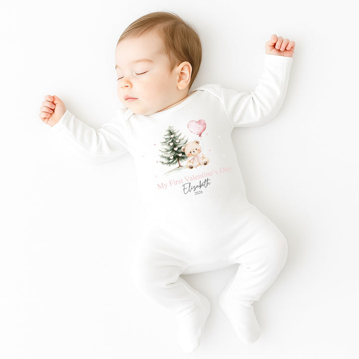 Personalised Pink Bear My First Valentines Day Baby Grow, Vest or Bib