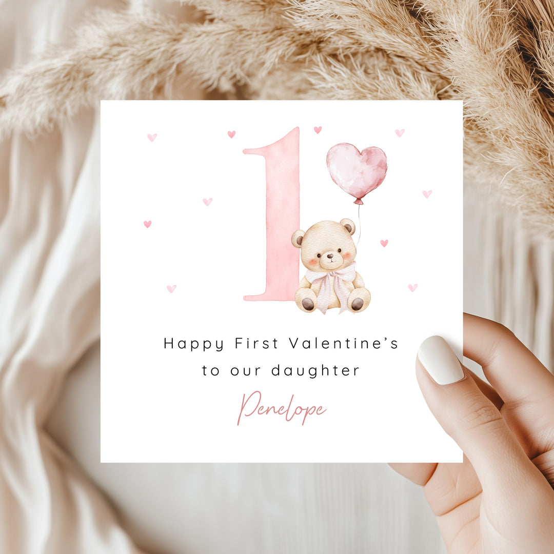 Personalised Pink Bear Happy First Valentine's Day Card