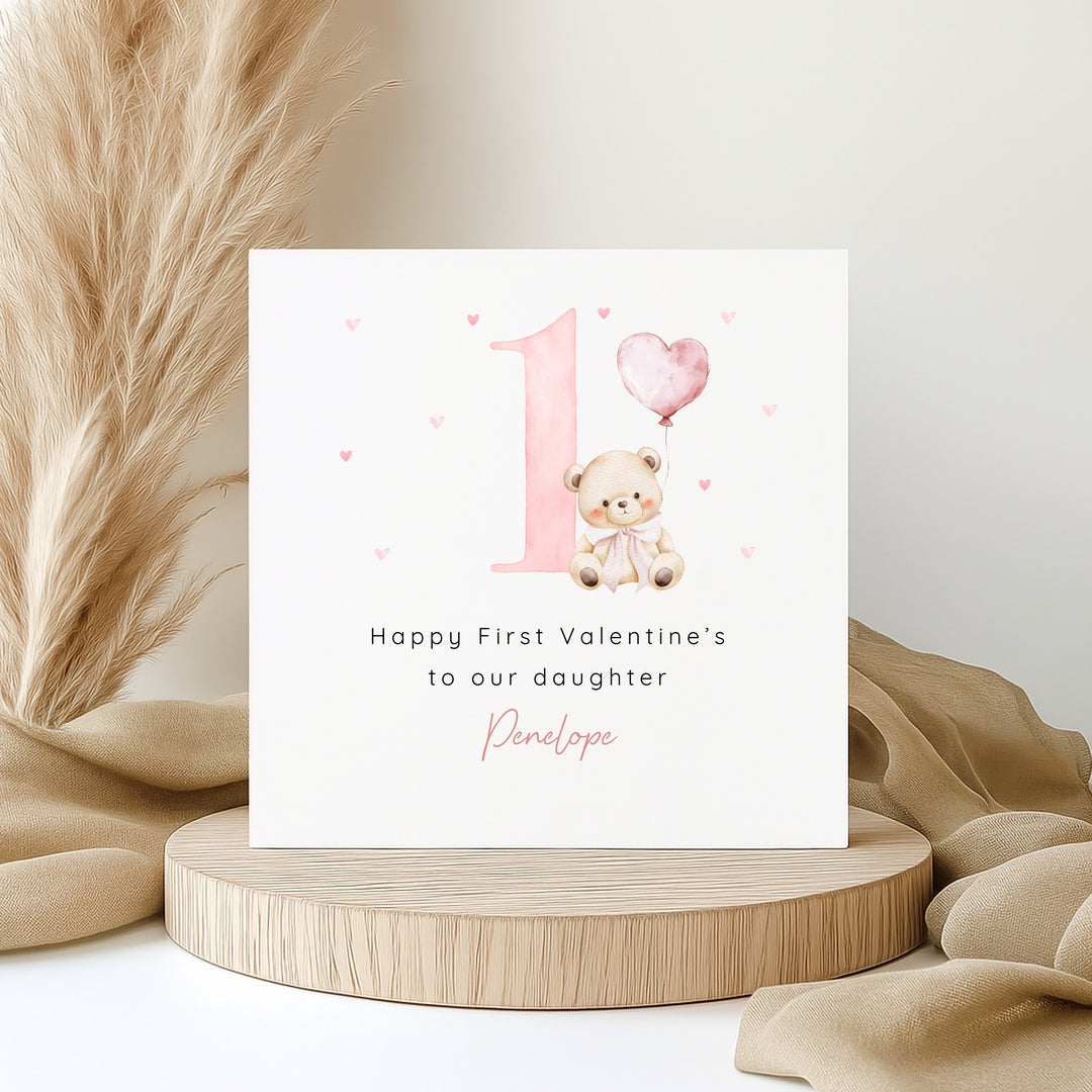Personalised Pink Bear Happy First Valentine's Day Card