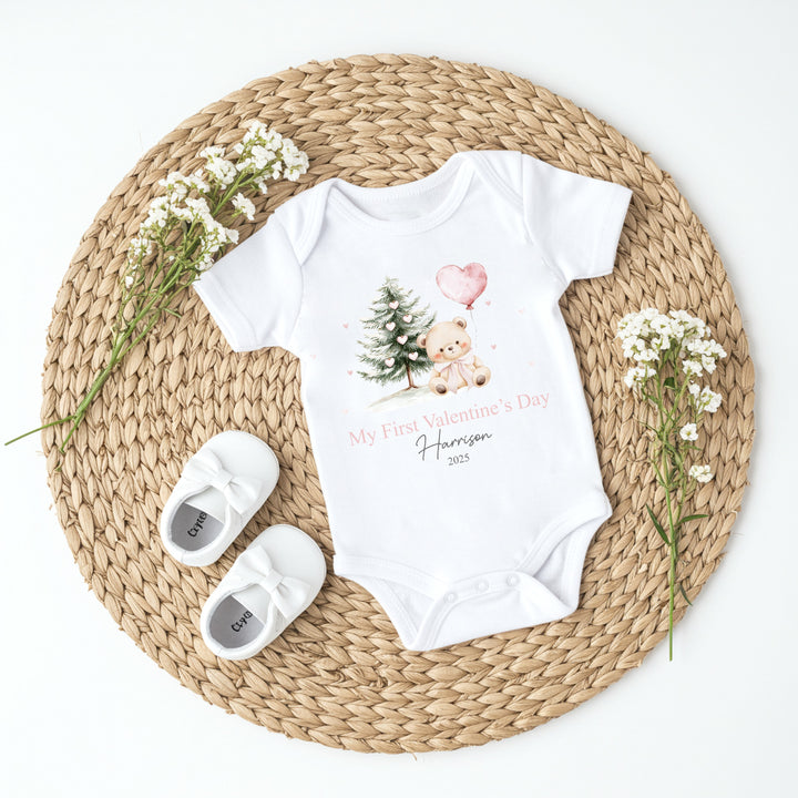 Personalised Pink Bear My First Valentines Day Baby Grow, Vest or Bib