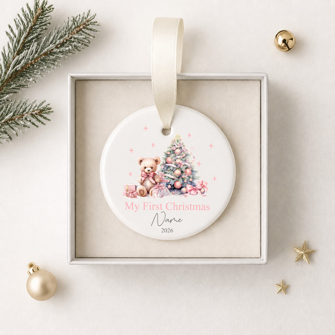 Personalised My First Christmas Pink Teddy Ceramic Ornament