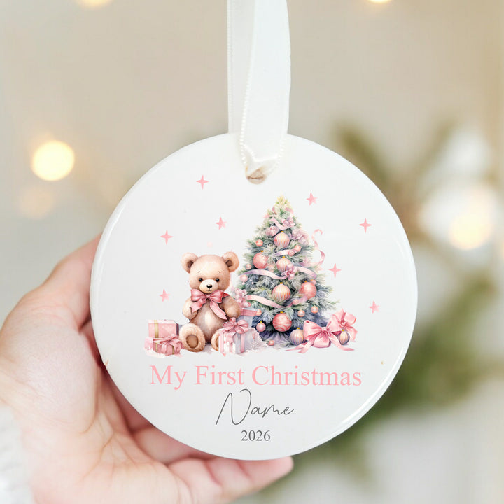Personalised My First Christmas Pink Teddy Ceramic Ornament