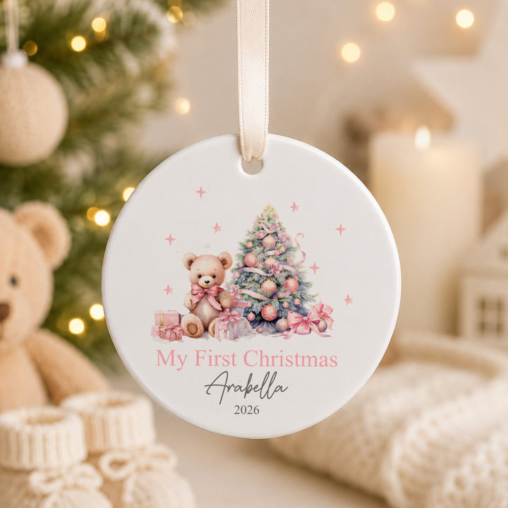 Personalised My First Christmas Pink Teddy Ceramic Ornament