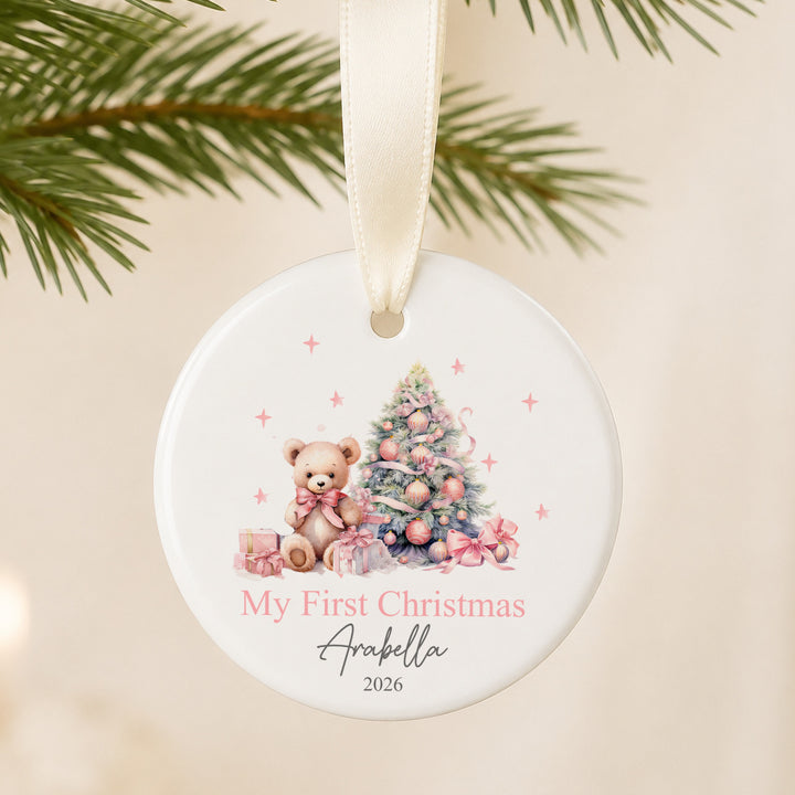 Personalised My First Christmas Pink Teddy Ceramic Ornament