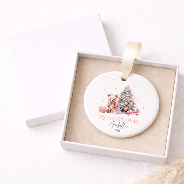 Personalised My First Christmas Pink Teddy Ceramic Ornament