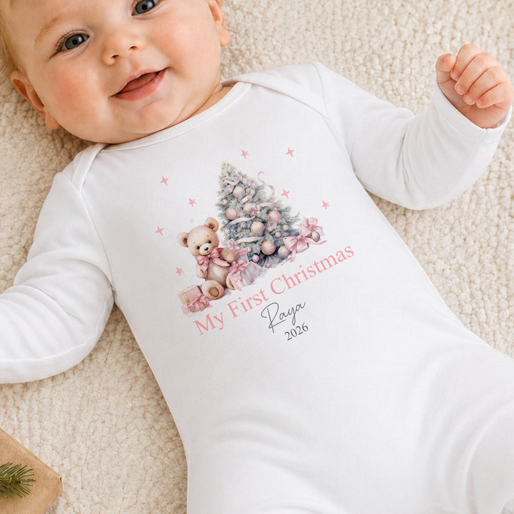 Personalised Pink Teddy My First Christmas Baby Grow, Vest or Bib