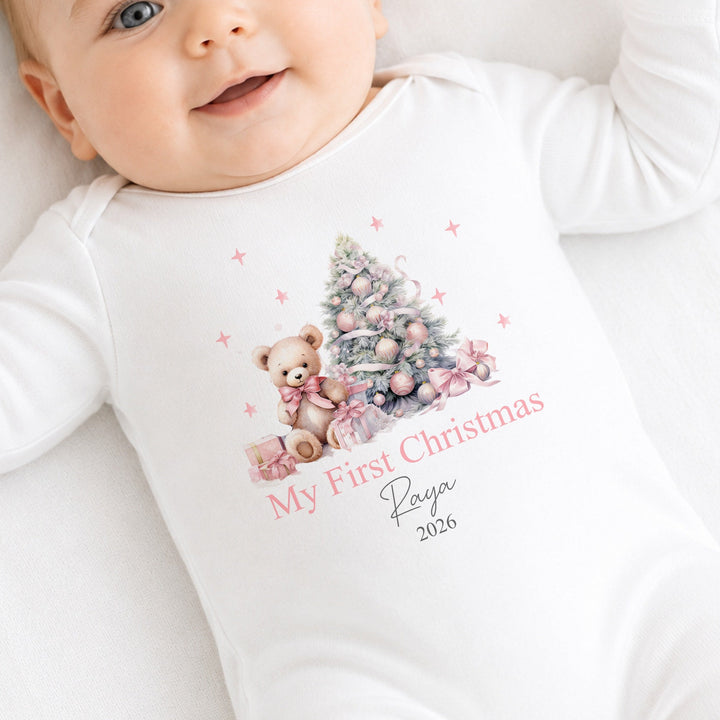 Personalised Pink Teddy My First Christmas Baby Grow, Vest or Bib