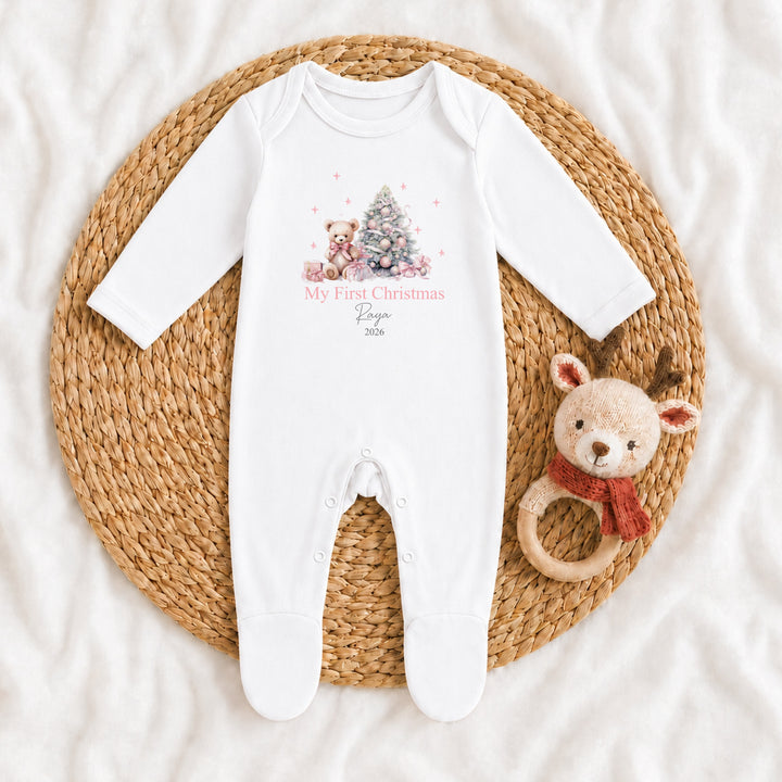 Personalised Pink Teddy My First Christmas Baby Grow, Vest or Bib