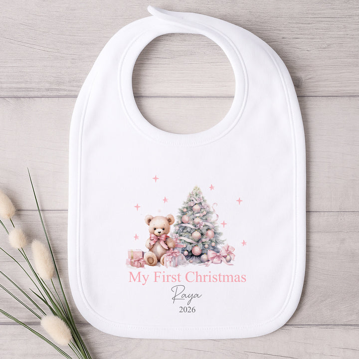 Personalised Pink Teddy My First Christmas Baby Grow, Vest or Bib
