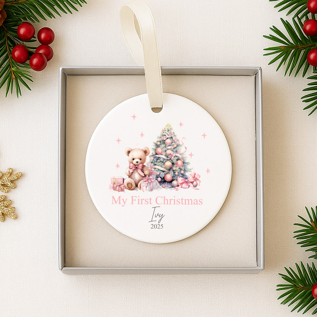 Personalised My First Christmas Pink Teddy Ceramic Ornament