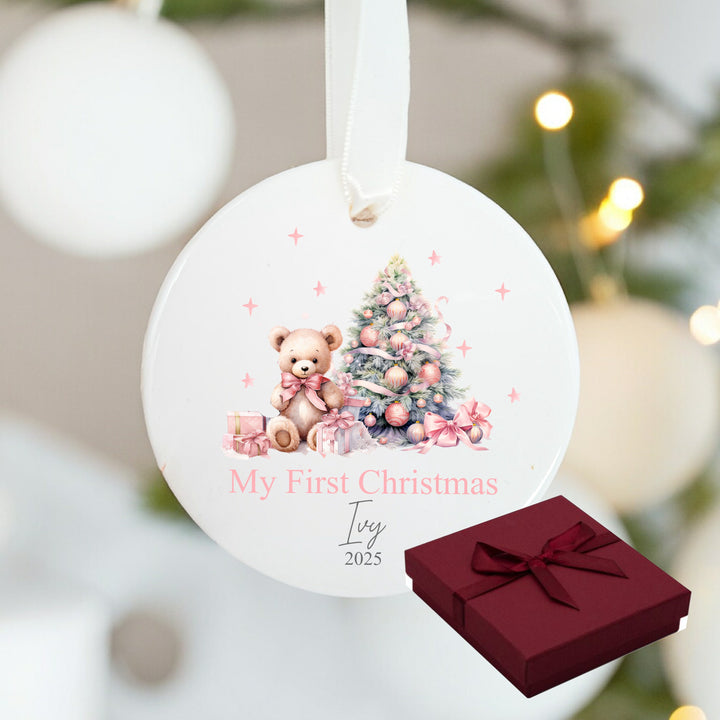 Personalised My First Christmas Pink Teddy Ceramic Ornament