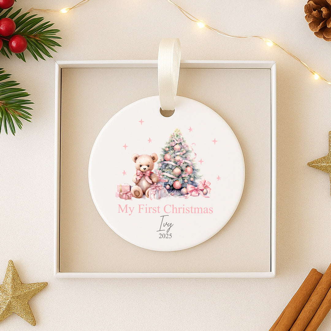 Personalised My First Christmas Pink Teddy Ceramic Ornament