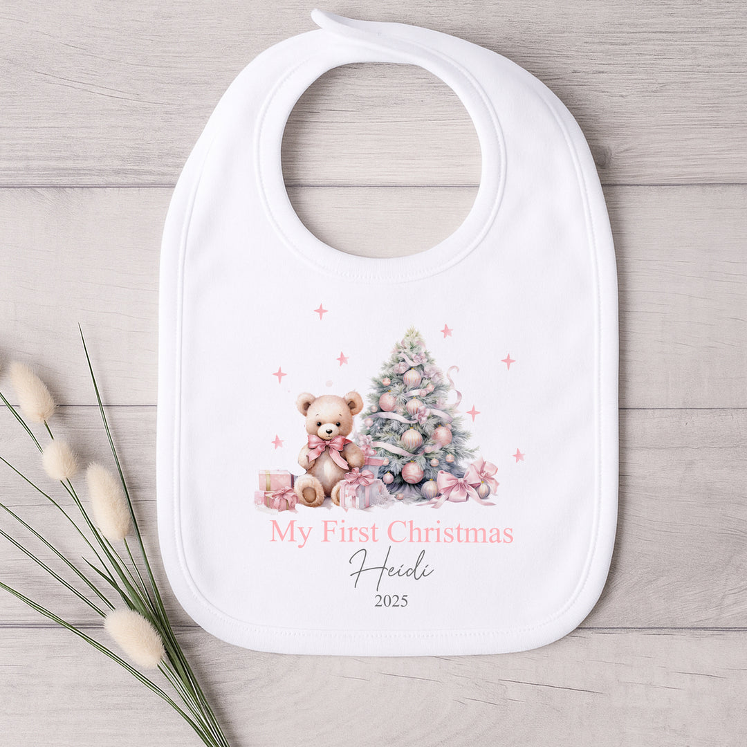 Personalised My First Christmas Pink Teddy Baby Grow/Vest/Bib