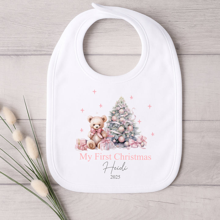Personalised My First Christmas Pink Teddy Baby Grow/Vest/Bib