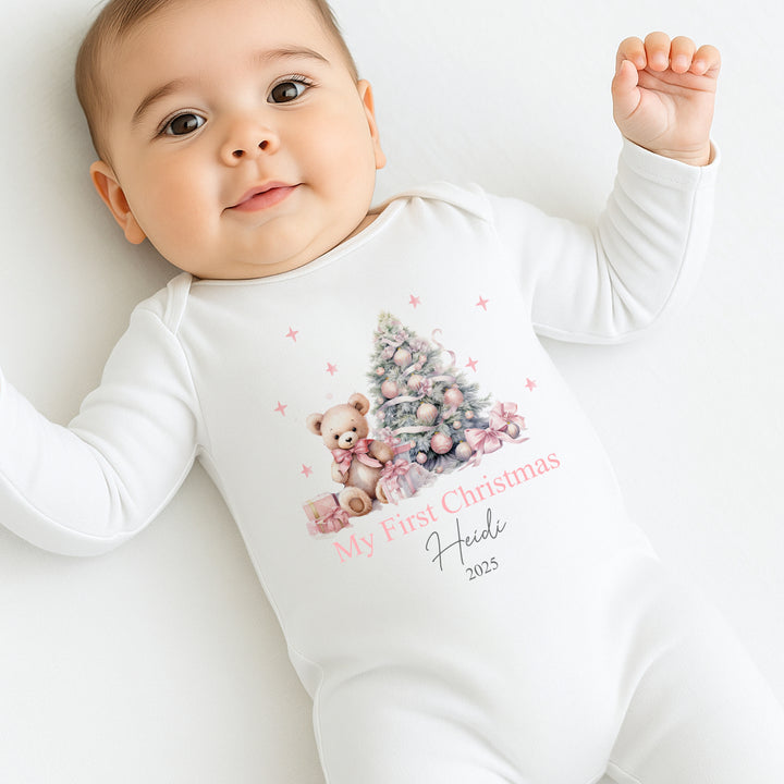 Personalised My First Christmas Pink Teddy Baby Grow/Vest/Bib