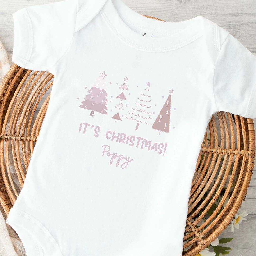 Personalised Pink Chritstmas Trees Babygrow/Vest