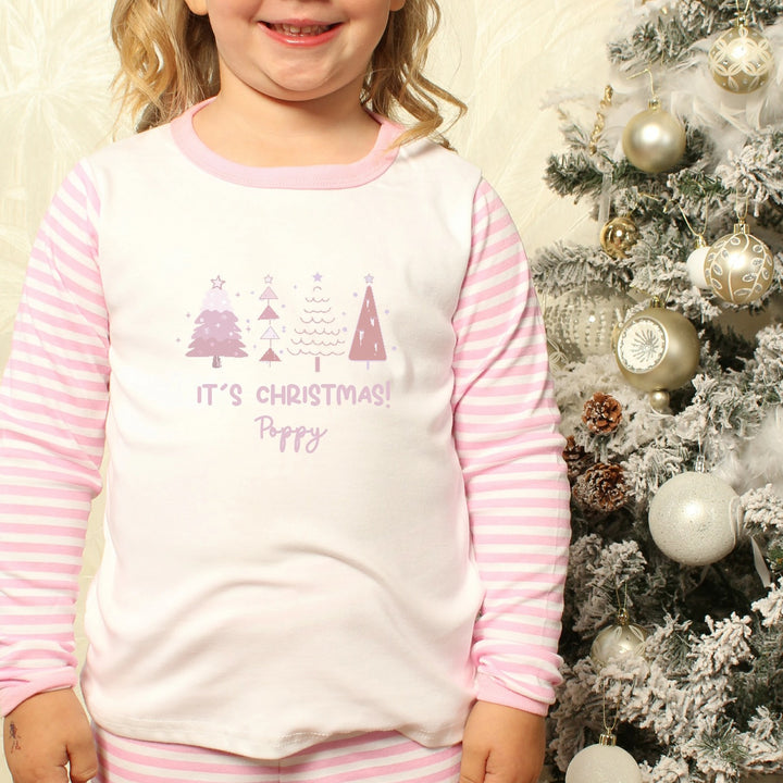 Personalised Pink Christmas Trees Pink Stripe Pyjamas