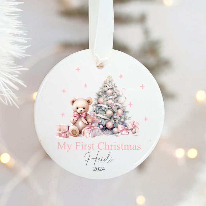 Personalised My First Christmas Pink Teddy Ceramic Ornament