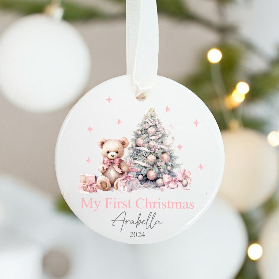 Personalised My First Christmas Pink Teddy Ceramic Ornament