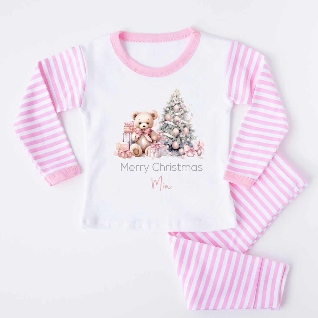 Personalised Merry Christmas Teddy Pink Stripe Pyjamas