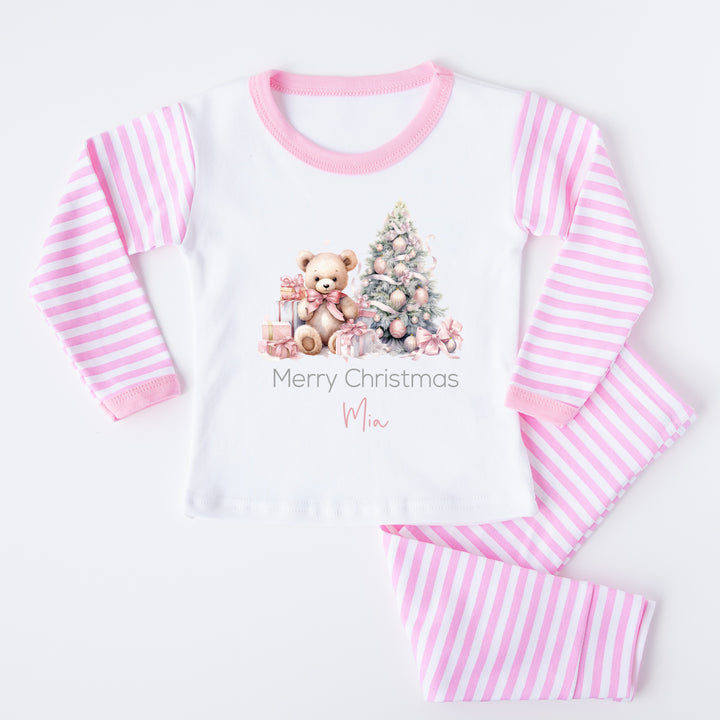 Personalised Merry Christmas Teddy Pink Stripe Pyjamas