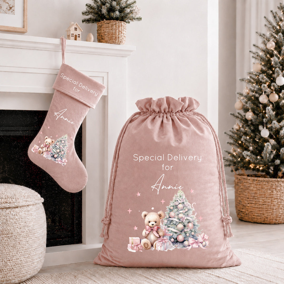Personalised Pink Teddy Christmas Tree Pink Santa Sack or Stocking