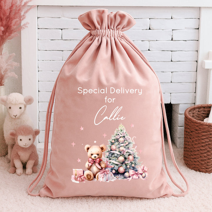 Personalised Pink Teddy Christmas Tree Pink Santa Sack or Stocking
