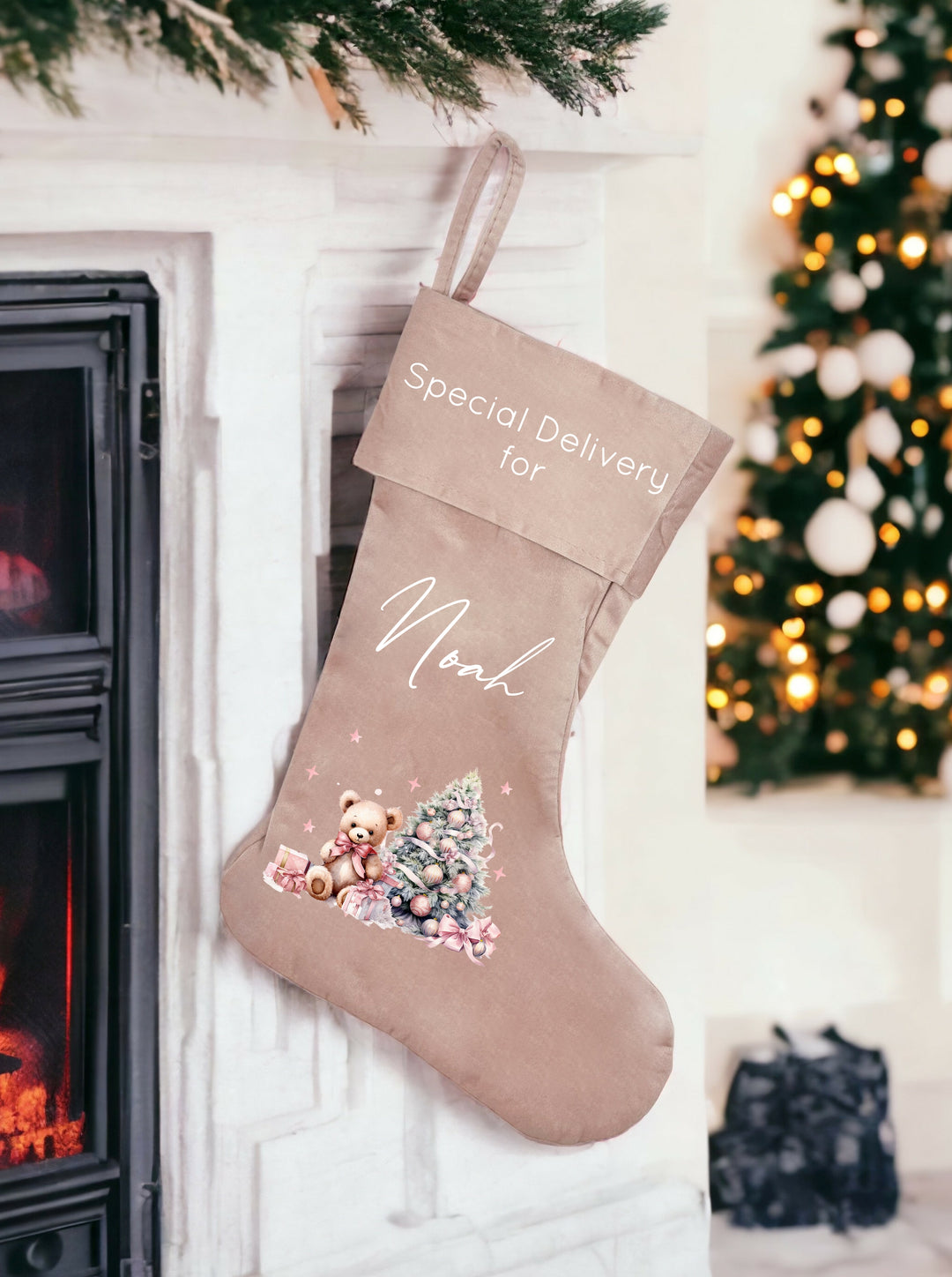 Personalised Pink Teddy Christmas Tree Pink Santa Sack or Stocking