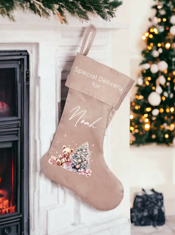 Personalised Pink Teddy Christmas Tree Pink Santa Sack or Stocking