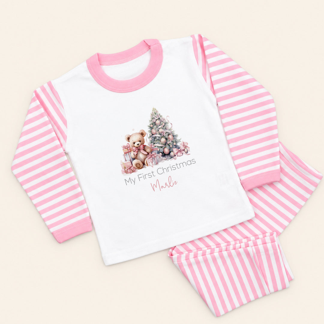 Personalised Pink Teddy Tree My First Christmas Pyjamas