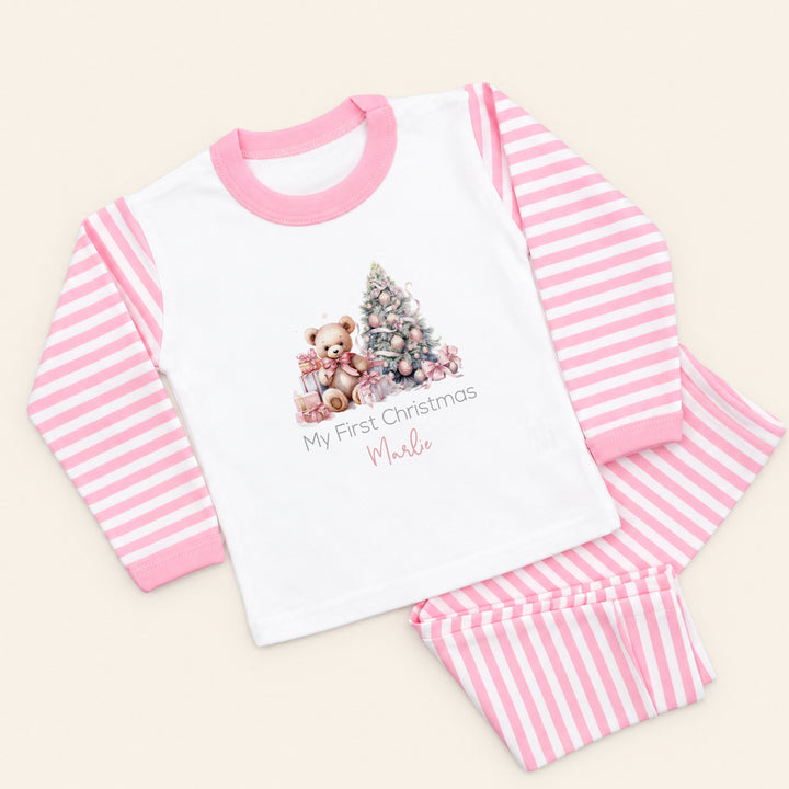 Personalised Pink Teddy Tree My First Christmas Pyjamas