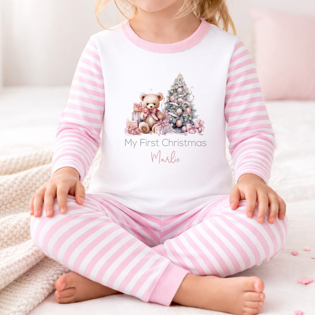 Personalised Pink Teddy Tree My First Christmas Pyjamas