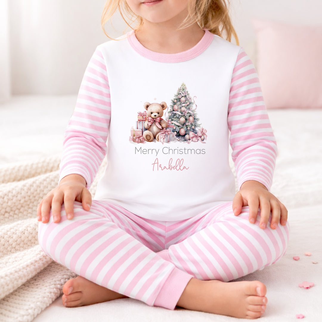 Personalised Pink Teddy Tree Merry Christmas Pyjamas
