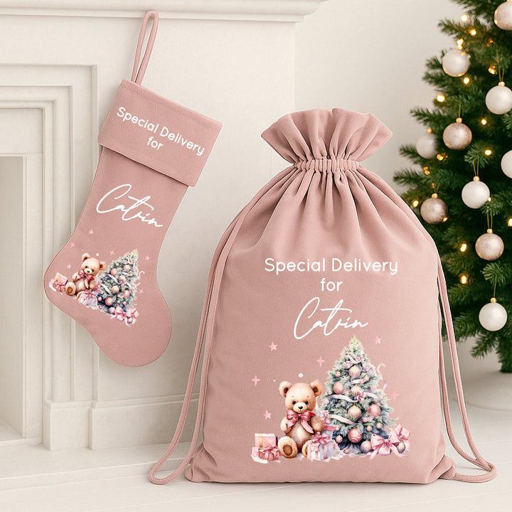 Personalised Pink Teddy Christmas Tree Pink Santa Sack or Stocking