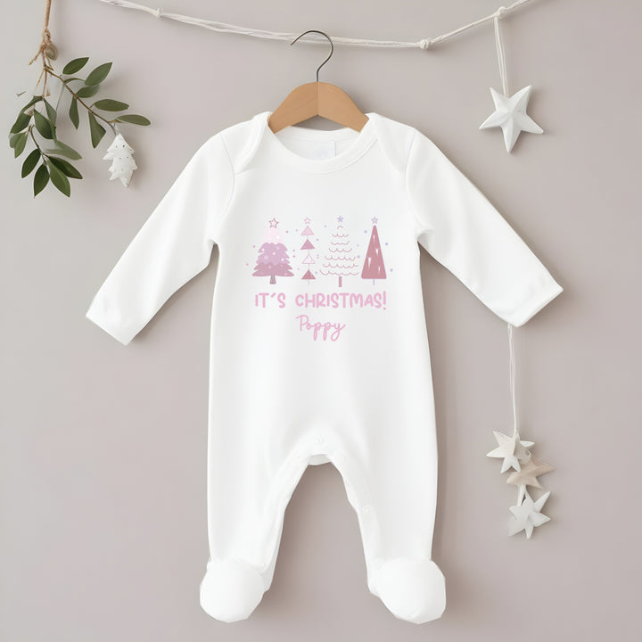 Personalised Pink Chritstmas Trees Baby Grow/Vest