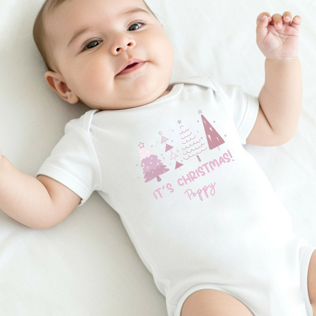 Personalised Pink Chritstmas Trees Baby Grow/Vest