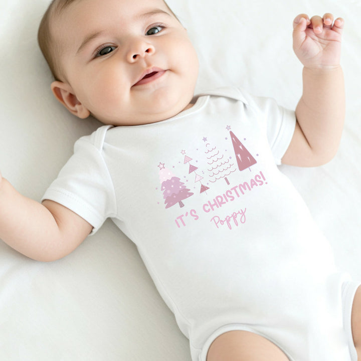 Personalised Pink Chritstmas Trees Baby Grow/Vest